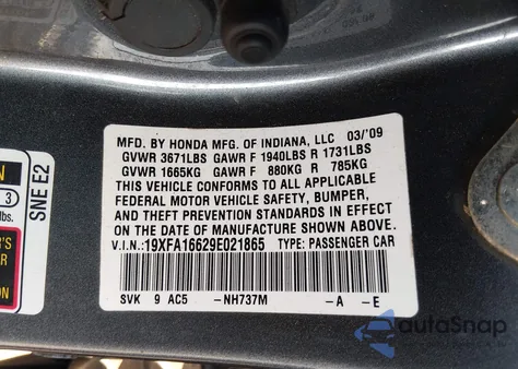 2009 Honda Civic Lx-S from USA, damaged, VIN 19XFA16629E021865
